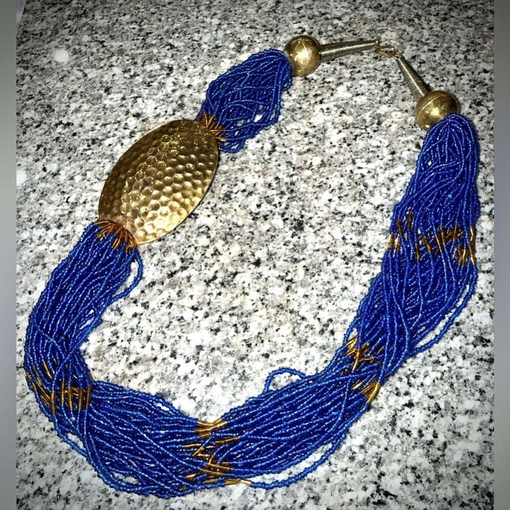 Stunning Vintage Blue and Gold Hand-Beaded Necklace